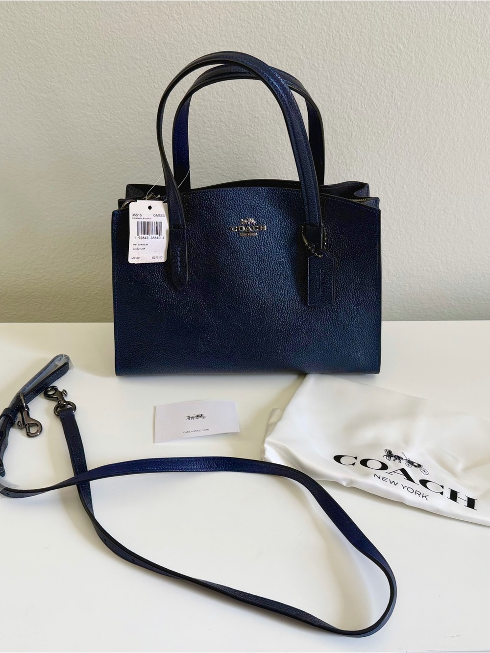 Coach Charlie 28 Carryall 35515 Metallic Blue Leather Tote Detachable Strap